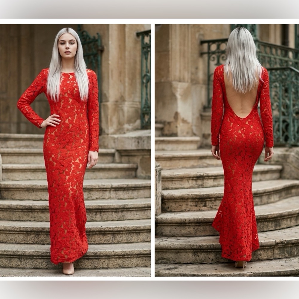 Issue New York Red Lace Long-Sleeve Backless Gown dress sz 6